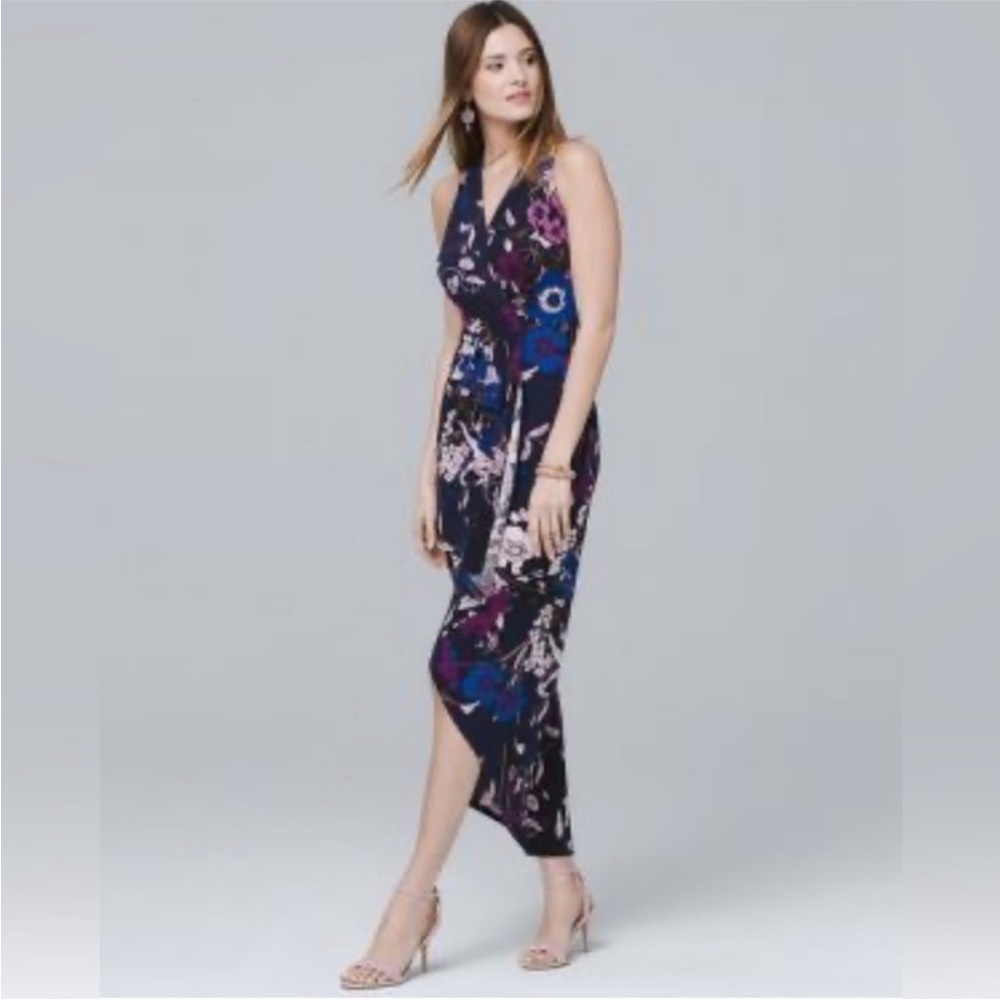 White House Black Market Stretch Floral Dress (Med) Faux Wrap, Asymmetrical Hem